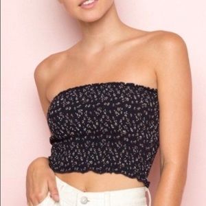 Brandy Melville Smocked Navy Blue Tube Top with White and Brown Flowers